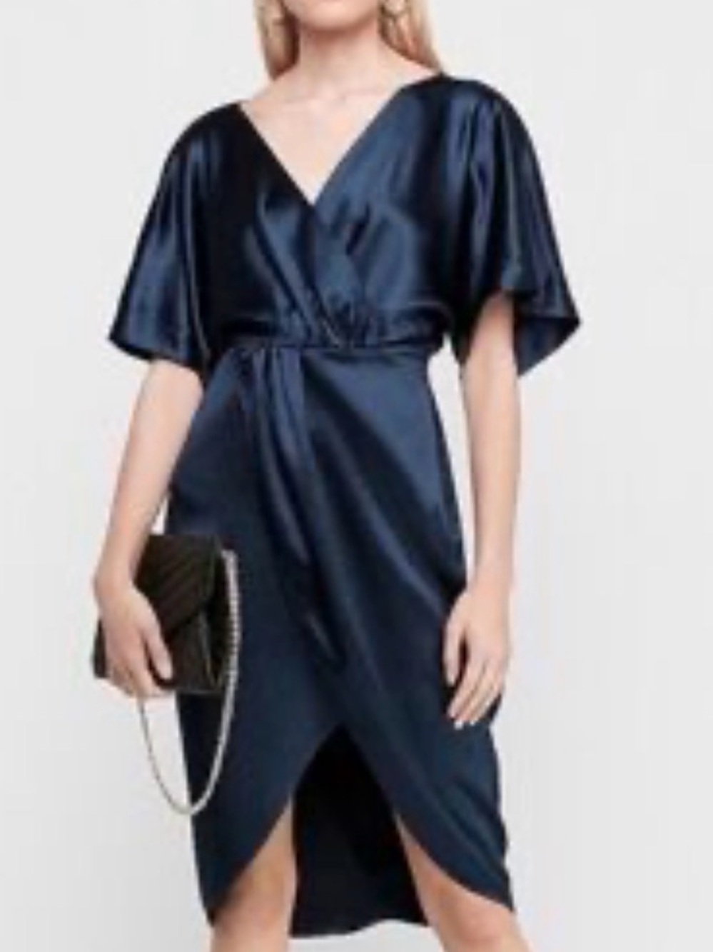 Express Navy Satin Kimono Wrap-Style Midi Dress